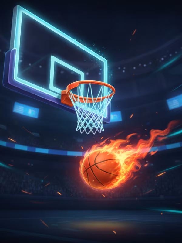Court Kings slot cover with a flaming basketball dunked through a neon hoop