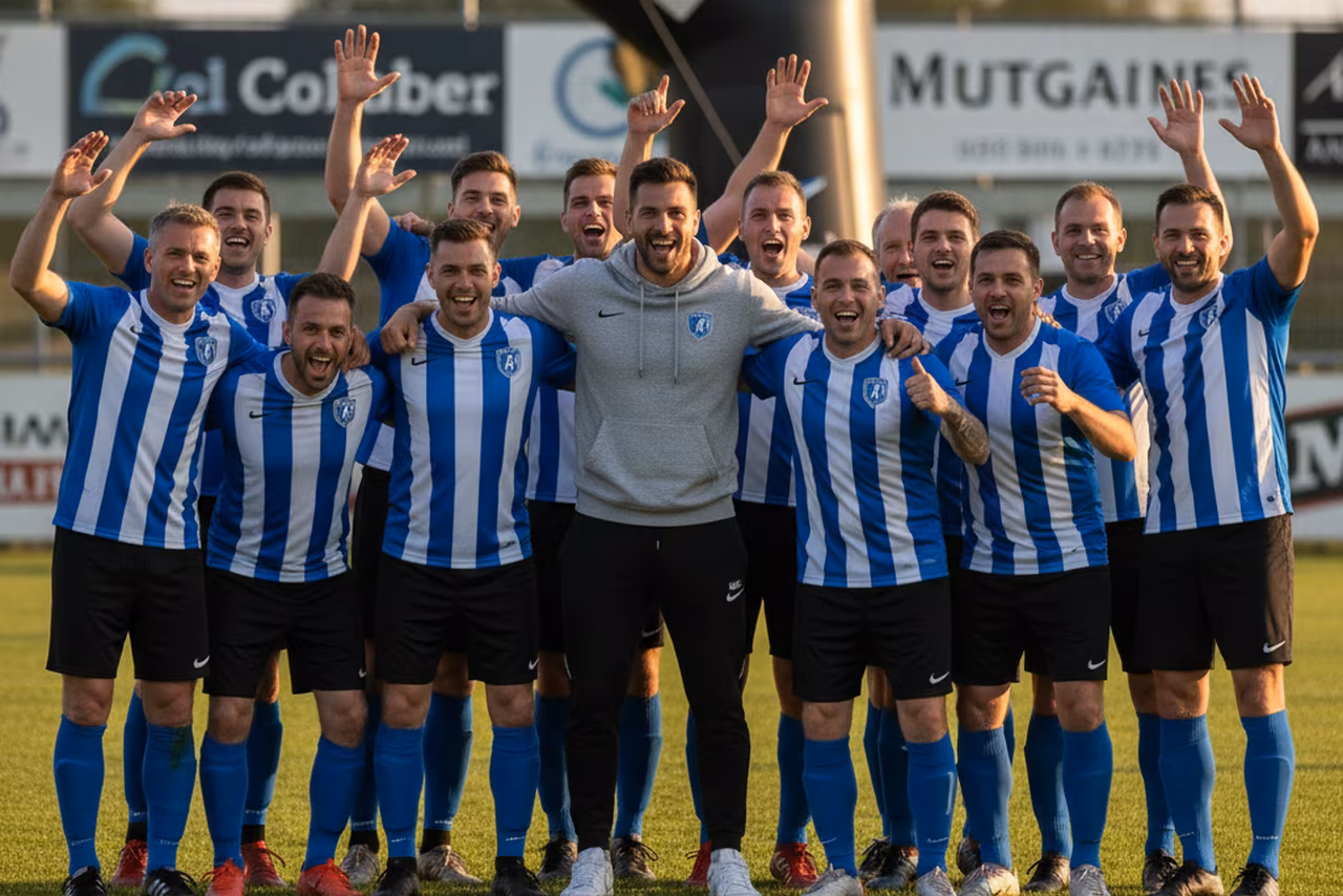 Amateur tournament players celebrating with a local sports figure
