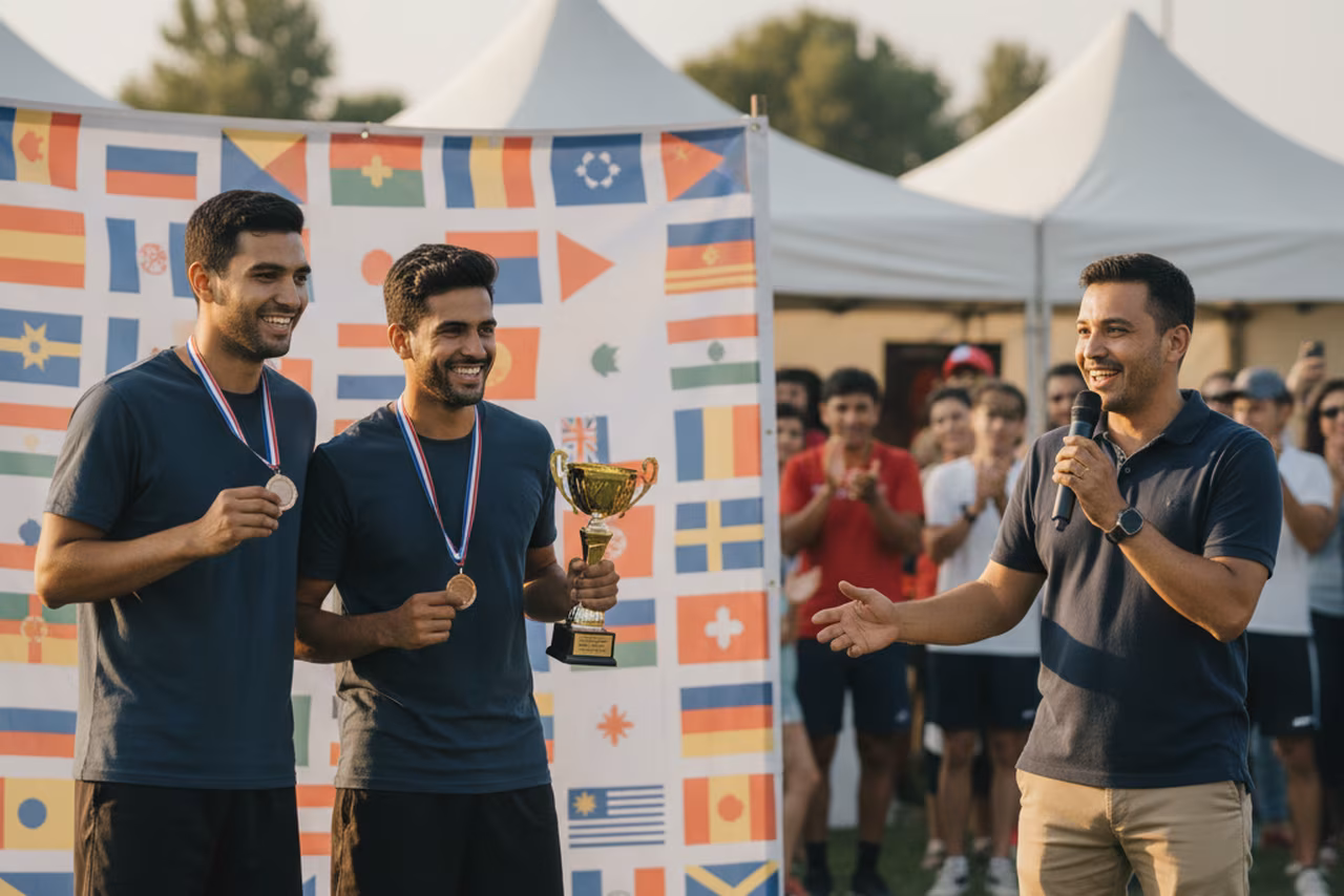 Tournament awards ceremony with smiling winners and a host